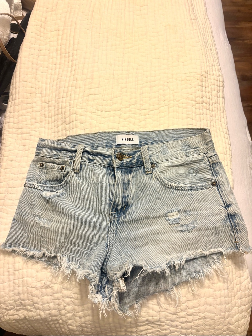 Pistola Faded Light Wash Frayed Denim Shorts